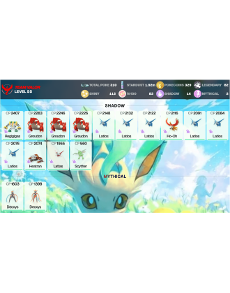 Legendary: 82 | Shiny: 112 | Hundo: 83 | ShinyLegend: 1 [Level: 55 | Stardust: 1.92m | Team: Valor]