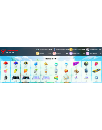 Legendary: 82 | Shiny: 112 | Hundo: 83 | ShinyLegend: 1 [Level: 55 | Stardust: 1.92m | Team: Valor]