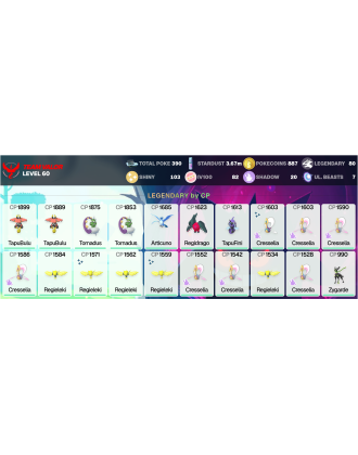 Legendary: 80 | Shiny: 103 | Hundo: 82 | ShinyLegend: 6 [Level: 60 | Stardust: 3.68m | Team: Valor]