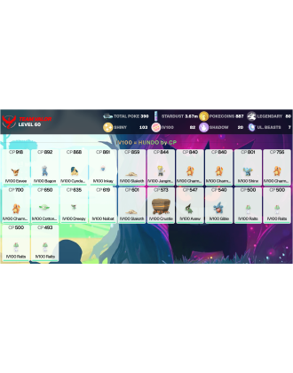 Legendary: 80 | Shiny: 103 | Hundo: 82 | ShinyLegend: 6 [Level: 60 | Stardust: 3.68m | Team: Valor]