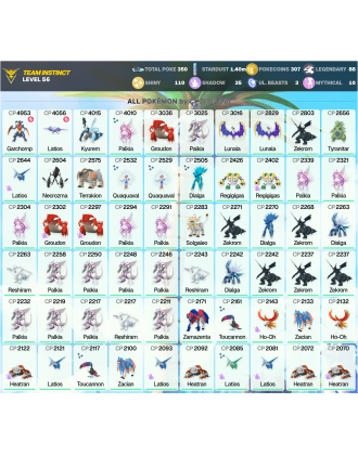 Legendary: 88 | Shiny: 110 | ShinyLegend: 3 [Level: 56 | Stardust: 1.4m | Team: Instinct]
