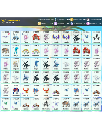 Legendary: 88 | Shiny: 110 | ShinyLegend: 3 [Level: 56 | Stardust: 1.4m | Team: Instinct]