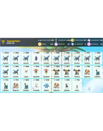 Legendary: 88 | Shiny: 110 | ShinyLegend: 3 [Level: 56 | Stardust: 1.4m | Team: Instinct]