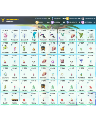 Legendary: 88 | Shiny: 110 | ShinyLegend: 3 [Level: 56 | Stardust: 1.4m | Team: Instinct]