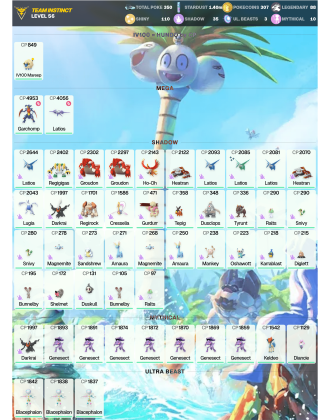 Legendary: 88 | Shiny: 110 | ShinyLegend: 3 [Level: 56 | Stardust: 1.4m | Team: Instinct]