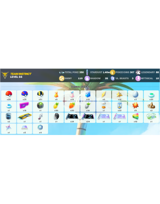 Legendary: 88 | Shiny: 110 | ShinyLegend: 3 [Level: 56 | Stardust: 1.4m | Team: Instinct]